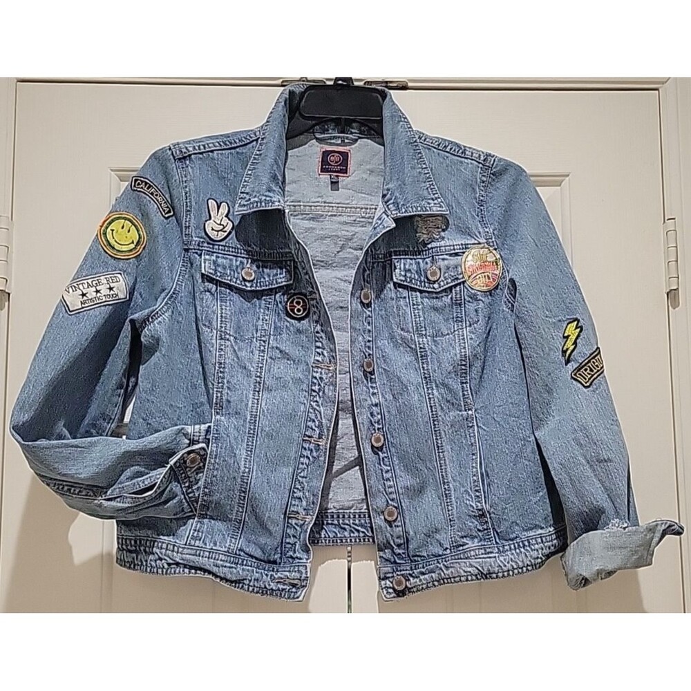 Boom Boom Jeans Women’s XL Denim Jacket Distressed Patches Boho Y2K Light Wash